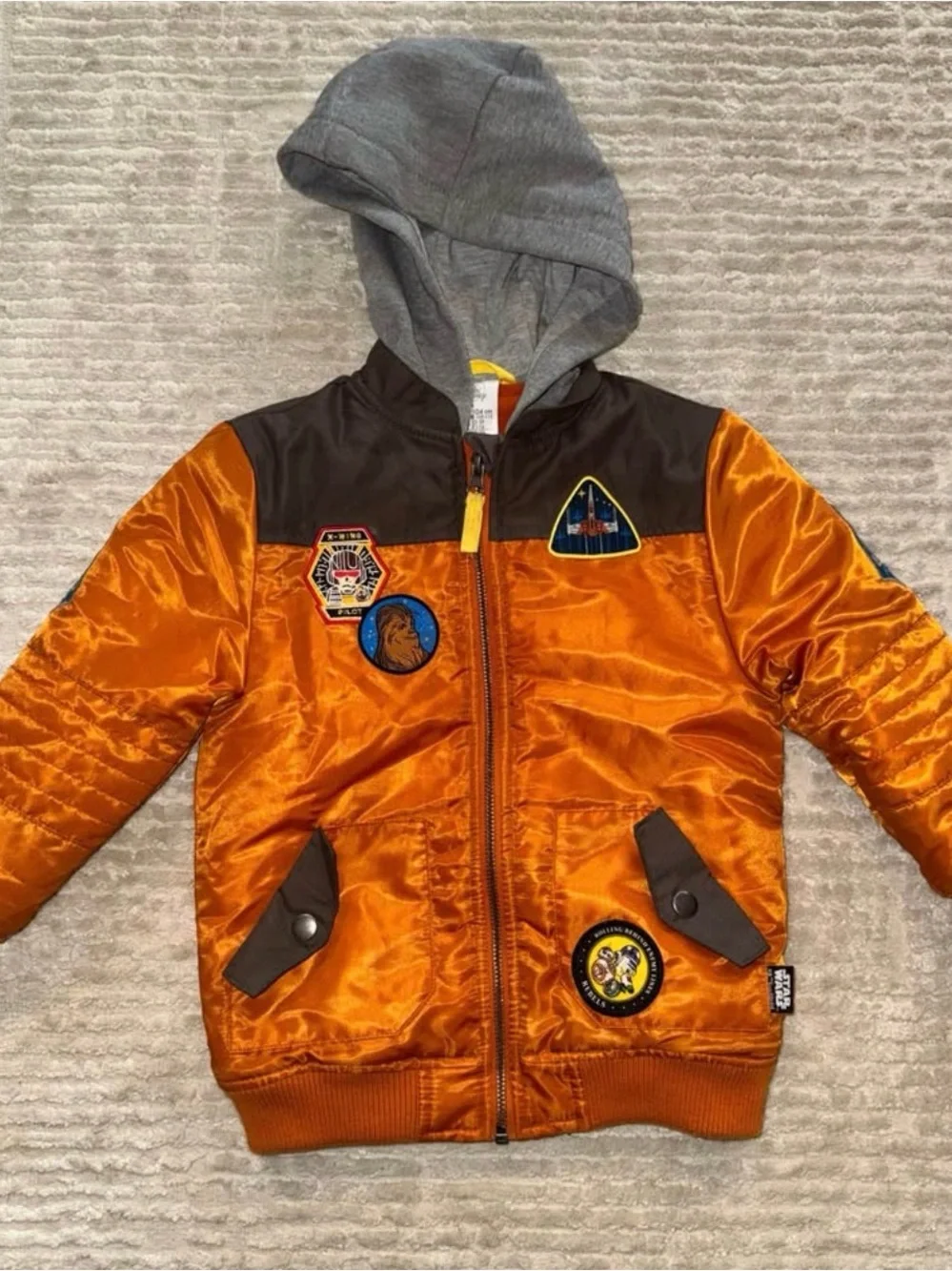 Disney Orange and Gray Hooded Bomber Jacket with Patches